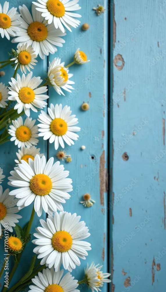 Fototapeta premium White, yellow daisies arranged on distressed blue wooden backdrop. Flowers in full bloom showing petals, center, others buds just flower heads. Stems, leaves add natural green accents.