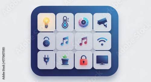 Smart home control panel with various icons for controlling lighting, temperature, security, and entertainment