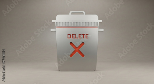 A white trash can with the word delete and an x on it, symbolizing the removal of data and the concept of deletion and recycling