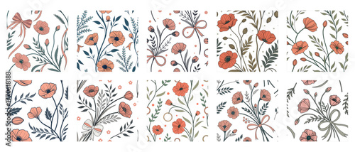 Set of seamless floral patterns with poppies and other wedding, wall and other decoration elements, background vector illustration