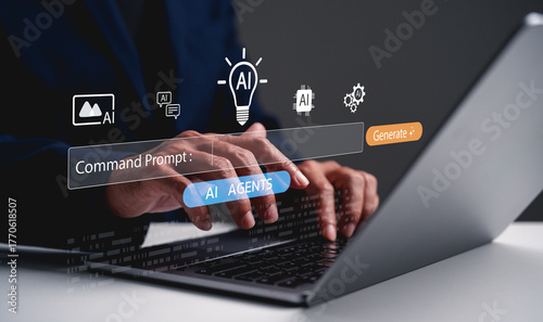 A person using a laptop with a virtual interface featuring AI icons and a command prompt, suggesting an interaction with technology and artificial intelligence.