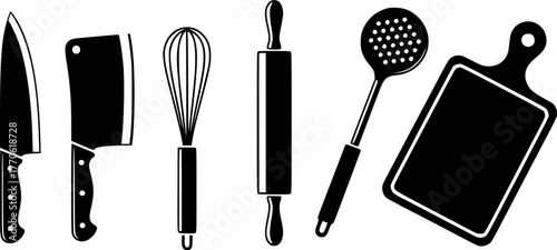Black and white silhouette icons of kitchen utensils including knife, cleaver, whisk, rolling pin, skimmer, and cutting board.