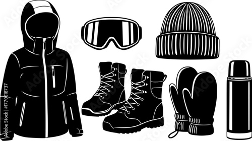 Black and white vector set of winter sport equipment and apparel with jacket, goggles, hat, boots, gloves, and thermos