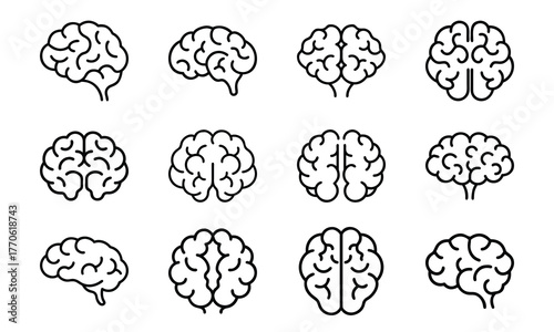 Education and science outline icon set with brain, DNA, laboratory flask, laptop, stopwatch, school bus, quill pen, and bell symbol isolated on white background