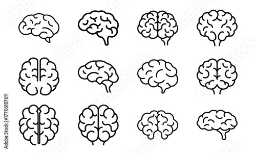 Education and science outline icon set with brain, DNA, laboratory flask, laptop, stopwatch, school bus, quill pen, and bell symbol isolated on white background