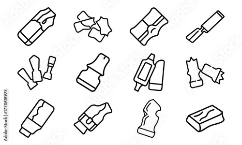 Education and science outline icon set with brain, DNA, laboratory flask, laptop, stopwatch, school bus, quill pen, and bell symbol isolated on white background