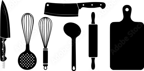 Kitchenware silhouette icon set consisting of knife, whisks, spoon, rolling pin, and cutting board