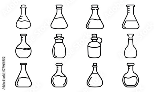 Education and science outline icon set with brain, DNA, laboratory flask, laptop, stopwatch, school bus, quill pen, and bell symbol isolated on white background