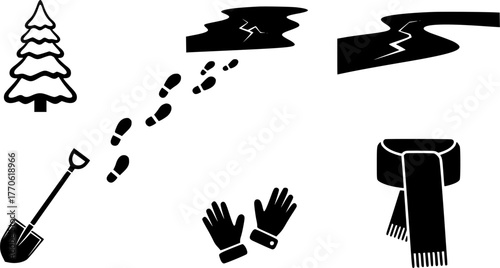Winter season black glyph icon set featuring tree, shovel, cracked ice, footprints, gloves and scarf.