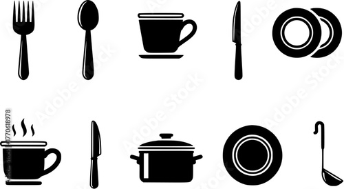 Kitchen utensil icon set, silhouette style illustration of cooking equipment, fork, spoon, knife, plate, cup, pot, and ladle
