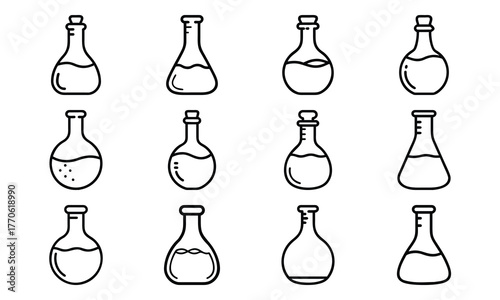 Education and science outline icon set with brain, DNA, laboratory flask, laptop, stopwatch, school bus, quill pen, and bell symbol isolated on white background