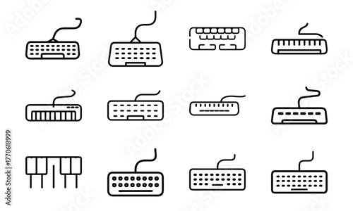 Education and science outline icon set with brain, DNA, laboratory flask, laptop, stopwatch, school bus, quill pen, and bell symbol isolated on white background