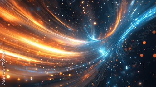 Abstract swirling vortex of glowing orange and blue light trails with sparkling particles against a dark background, representing energy and motion
