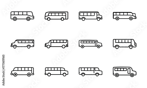 Education and science outline icon set with brain, DNA, laboratory flask, laptop, stopwatch, school bus, quill pen, and bell symbol isolated on white background