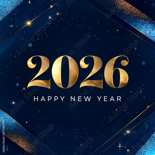  A minimalist, luxurious Christmas vector illustration featuring gold numerals 2026 on a dark blue background with geometric patterns, stars, and metallic circles. Modern 