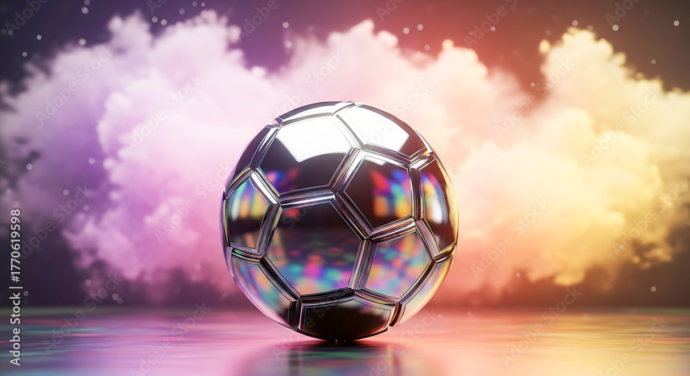 Fototapeta premium Chrome soccer ball reflecting colorful clouds and sky