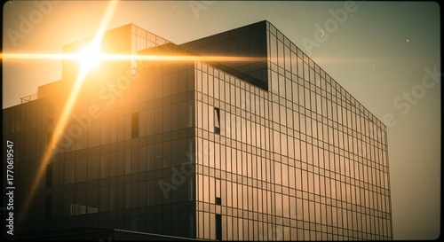 Dynamic Sun Flare on Modern Glass Building with Reflective Facade, Warm Tones, and Vintage Aesthetic