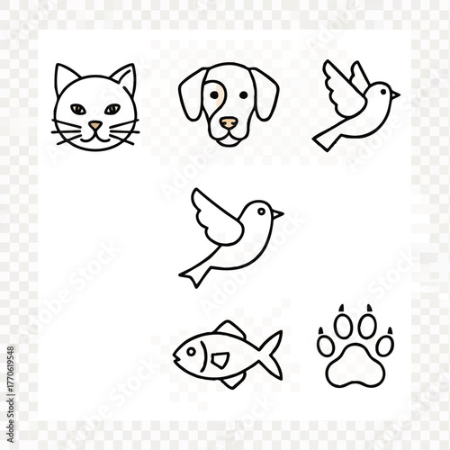 Collection of simple line art icons representing various pets and animals.