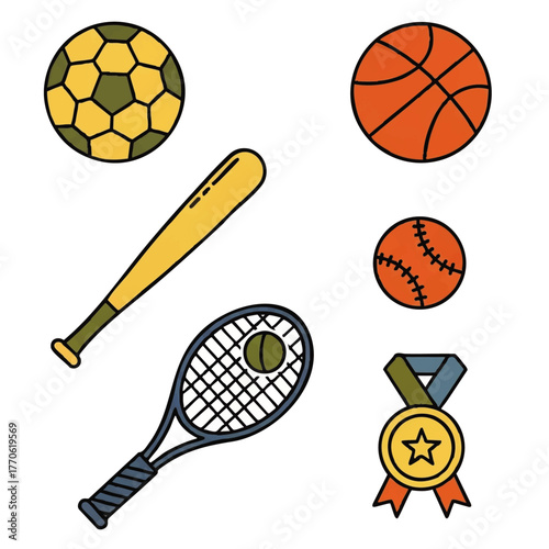 Collection of Sports Equipment and Awards.