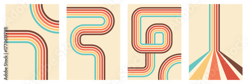 Stripe rainbow groovy background set. Retro line psychedelic posters. Vintage line rainbow poster in retro groovy colors.	
