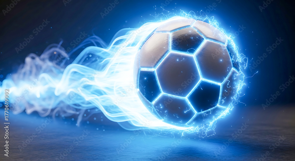 Naklejka premium Soccer ball with blue energy trail and lightning football