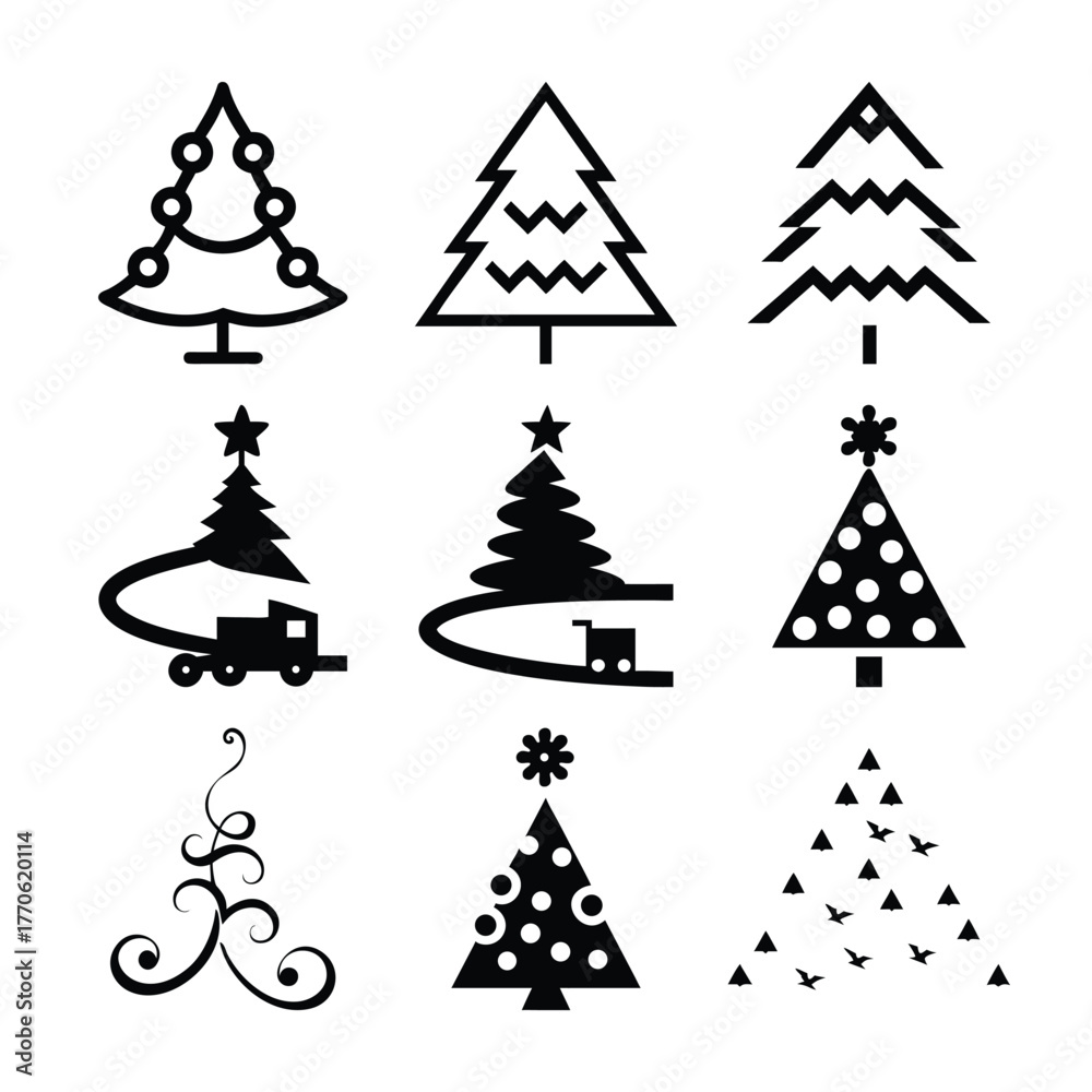 Obraz premium Collection of nine stylized christmas tree icons in black and white