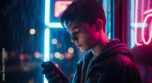 Neon-Lit Boy with Phone in Rainy Cityscape, Moody and Contemplative