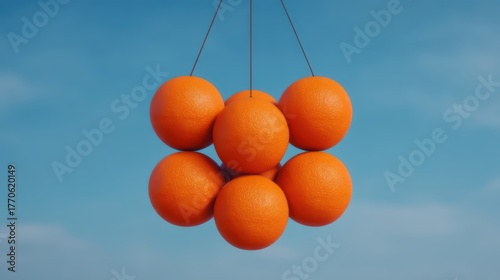 A cluster of vibrant oranges hangs against a clear blue sky, creating a fresh and eye-catching visual.