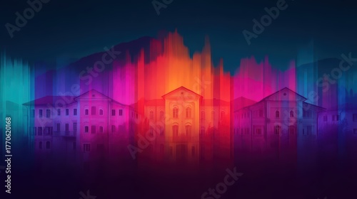 A vibrant, abstract depiction of buildings illuminated by colorful light waves, creating a surreal urban landscape.