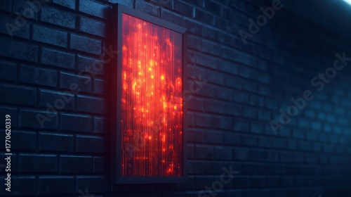 A glowing red panel against a dark brick wall, creating an atmospheric and futuristic ambiance.