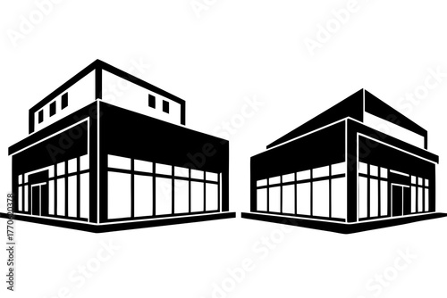 Shopping mall exterior silhouette vector illustration, isolated on white background