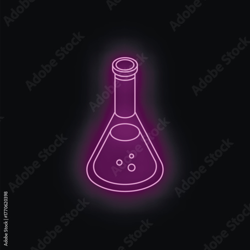 Bright purple neon sign of a chemical erlenmeyer flask glowing on a black background