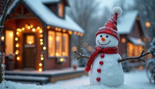Cheerful snowman with red hat and scarf stands in snowy village. Glowing houses and festive lights create a warm holiday atmosphere. Christmas, New Year, greeting cards, and seasonal decor.