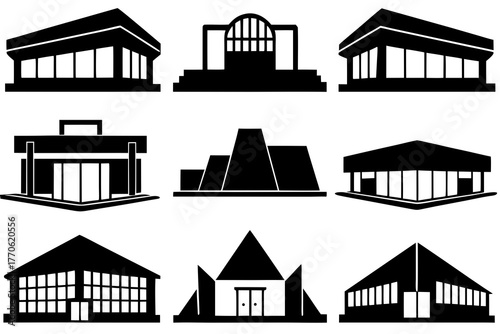 set of Shopping mall exterior silhouette vector illustration, isolated on white background