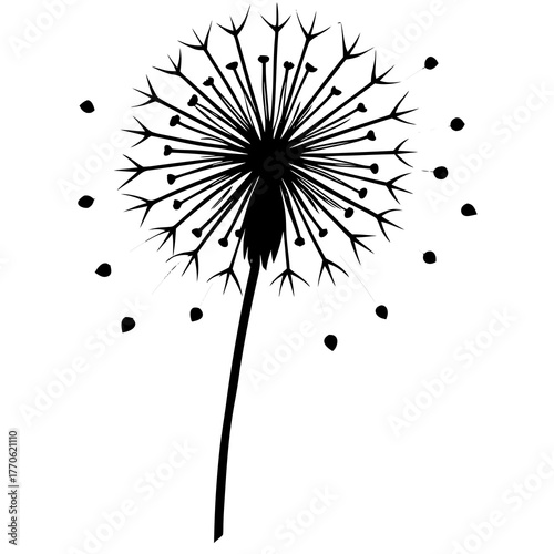Black silhouette of a dandelion with seeds blowing away in the wind on a white background