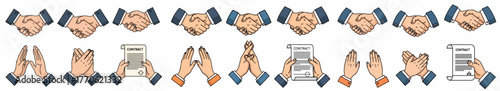 Business agreement handshake with contract and mobile phones