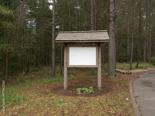 Blank wooden sign mockup in a forest. Empty rustic information board for a park or trail.
