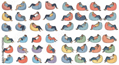 People relaxing in colorful beanbag chairs