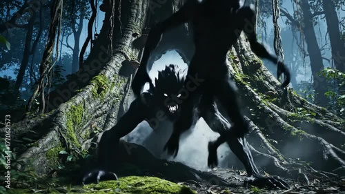 Mysterious Forest Scene with Shadowy Figure Emerging from Tree