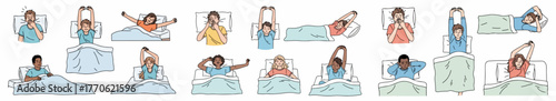 People waking up in bed various sleeping positions