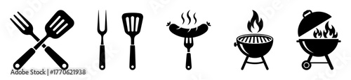 Set of barbecue icons, simple black and white vector illustration of grilling tools isolated on white background