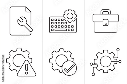 Collection of icons representing technical support, IT solutions, and system maintenance.