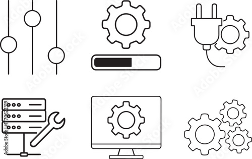 Digital setup and technical maintenance icons representing system configuration and repair.