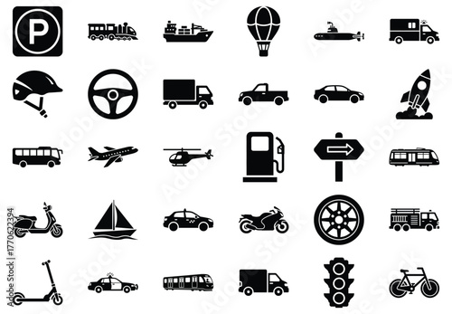 Collection of transportation icons in black and white, featuring various modes of transport such as cars, trucks, motorcycles, and public transport
