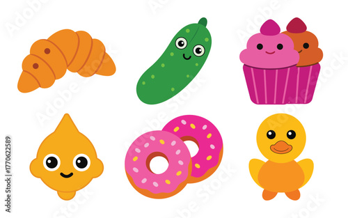 Collection of cute cartoon food and animal characters including a croissant, pickle, cupcake, donut, chick, and a yellow character