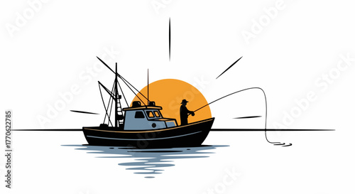 Fishing boat at sunset with calm water