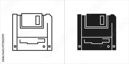 Black and white outline and filled icons of a floppy disk