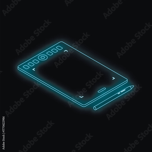 Neon blue outline of a graphics tablet with stylus, embodying digital art and creative technology on a black background