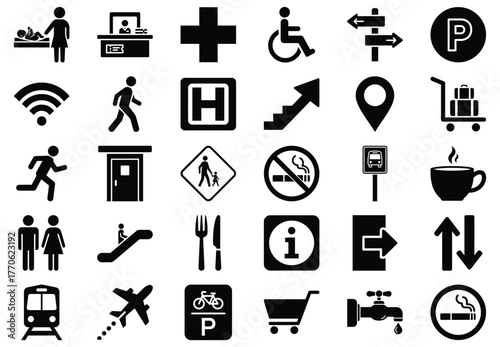 Collection of various public place icons, including restroom, wifi, parking, information, stairs, handicap, hospital, and other common symbols