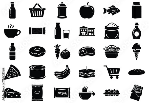 Assortment of grocery store icons, featuring food, drink, and shopping symbols for various products and items available in a supermarket
